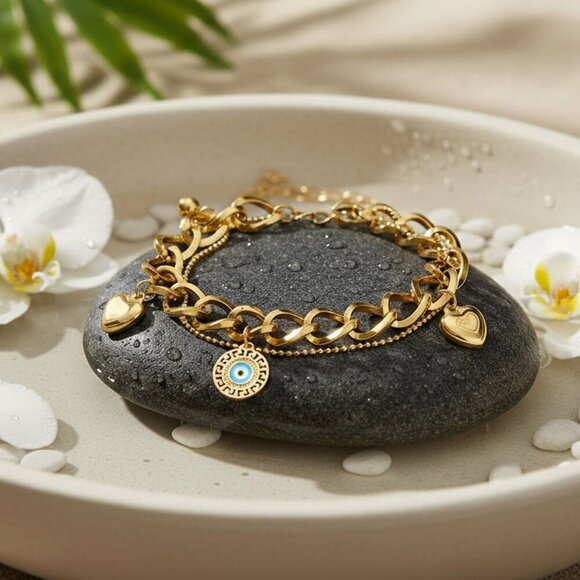 NKULTD Jewelry - Double Chain 18K Gold Plated Stainless Steel Bracelet with Heart Evil Eye